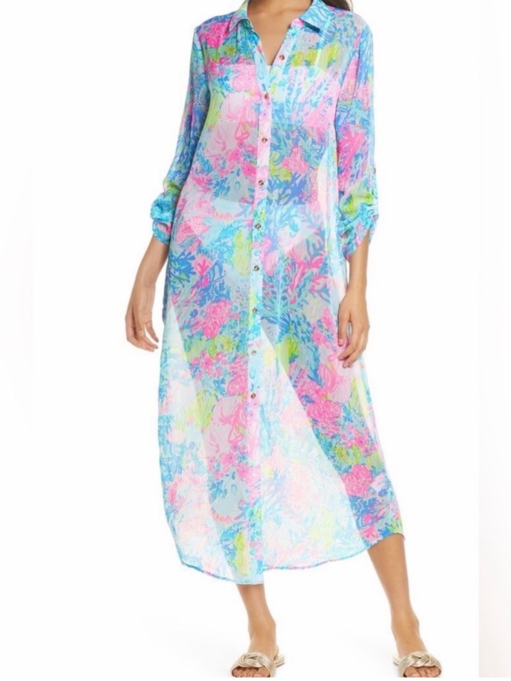 Lilly Pulitzer Floral Sheer Button-Front Coverup in Pink Blue Green